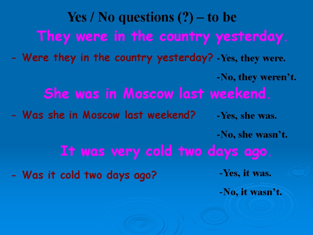 Yes / No questions (?) – to be They were in the country yesterday.